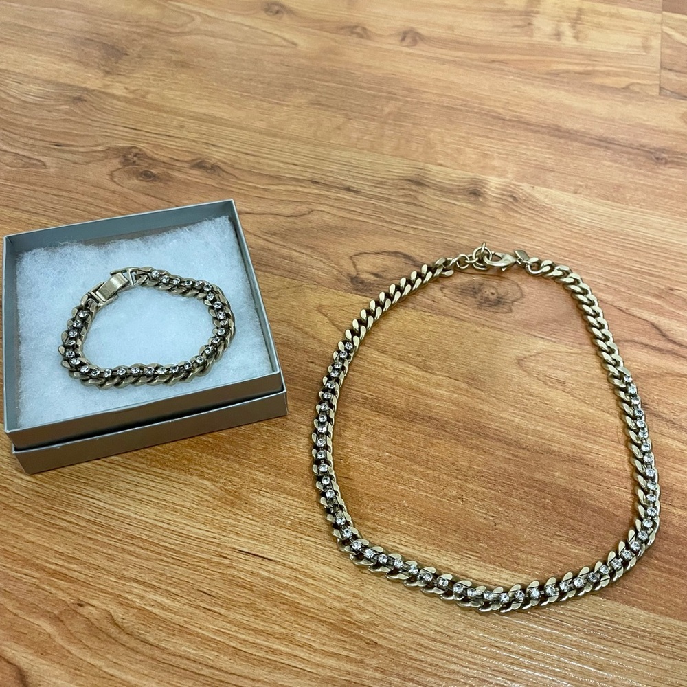 Gold link necklace with faux diamonds. Matching bracelet.